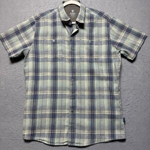 Kuhl Mens Tall Tapered Fit Plaid Short Sleeve Button Up Linen Blend Shirt Medium